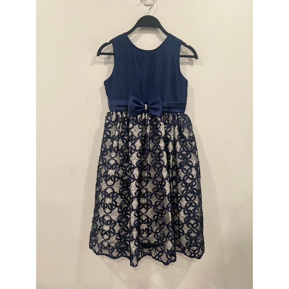 Jane Copeland Dress Girls Navy Blue Lace Overlay Bow Party Special Dress Size 12